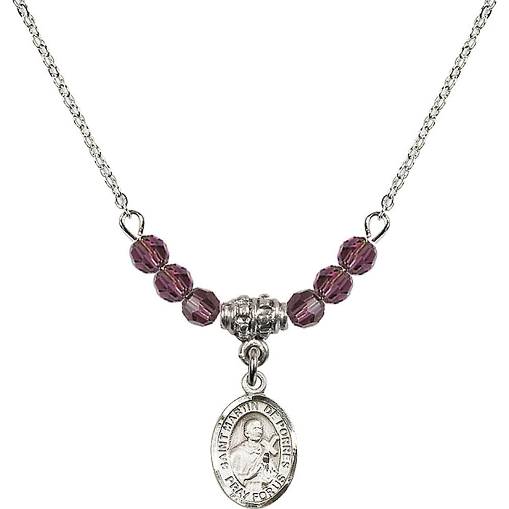 Sterling Silver Saint Martin de Porres Birthstone Necklace with Amethyst Beads - 9089