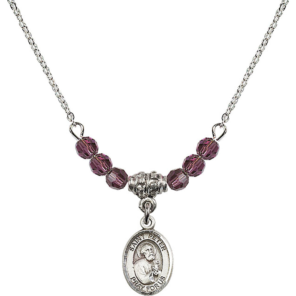 Sterling Silver Saint Peter the Apostle Birthstone Necklace with Amethyst Beads - 9090