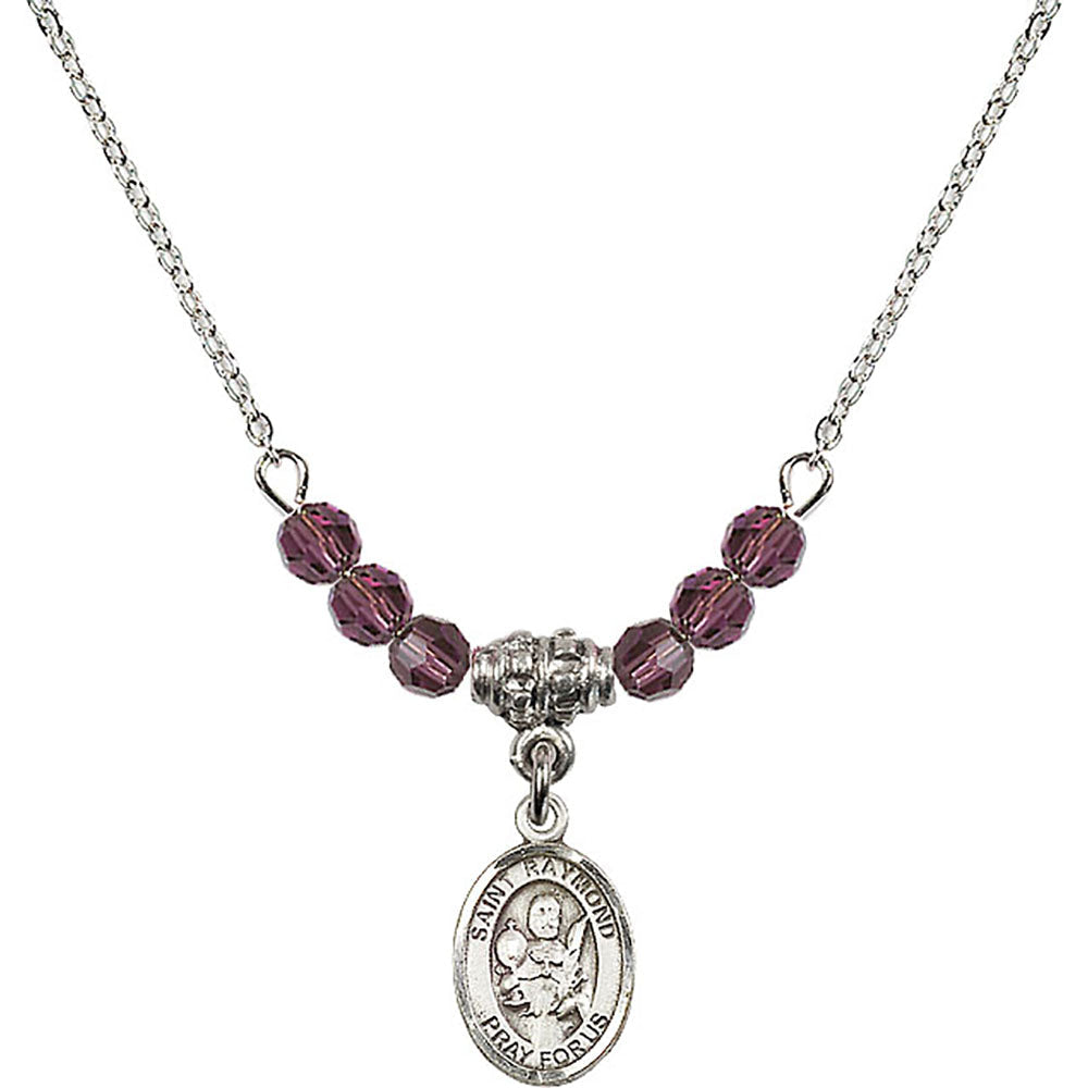 Sterling Silver Saint Raymond Nonnatus Birthstone Necklace with Amethyst Beads - 9091