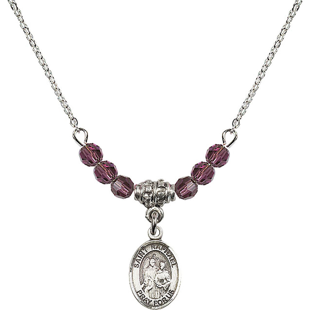 Sterling Silver Saint Raphael the Archangel Birthstone Necklace with Amethyst Beads - 9092