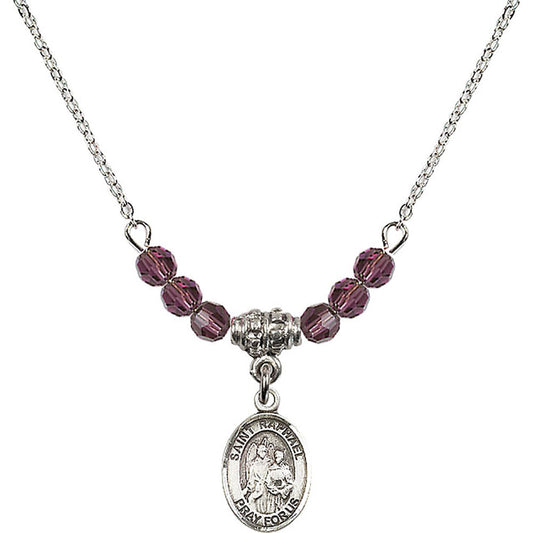 Sterling Silver Saint Raphael the Archangel Birthstone Necklace with Amethyst Beads - 9092