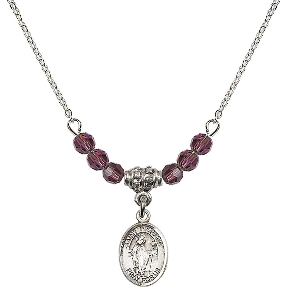 Sterling Silver Saint Richard Birthstone Necklace with Amethyst Beads - 9093