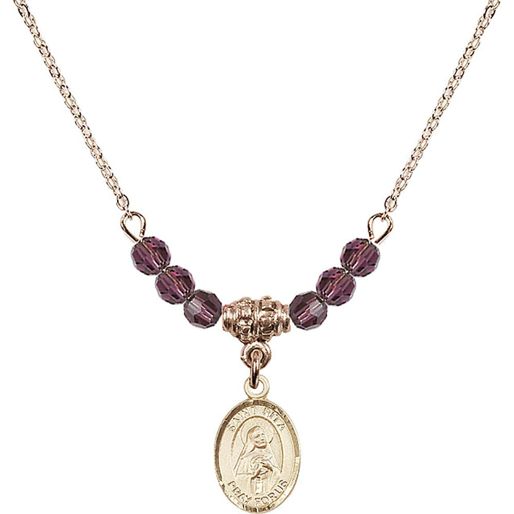 14kt Gold Filled Saint Rita of Cascia Birthstone Necklace with Amethyst Beads - 9094