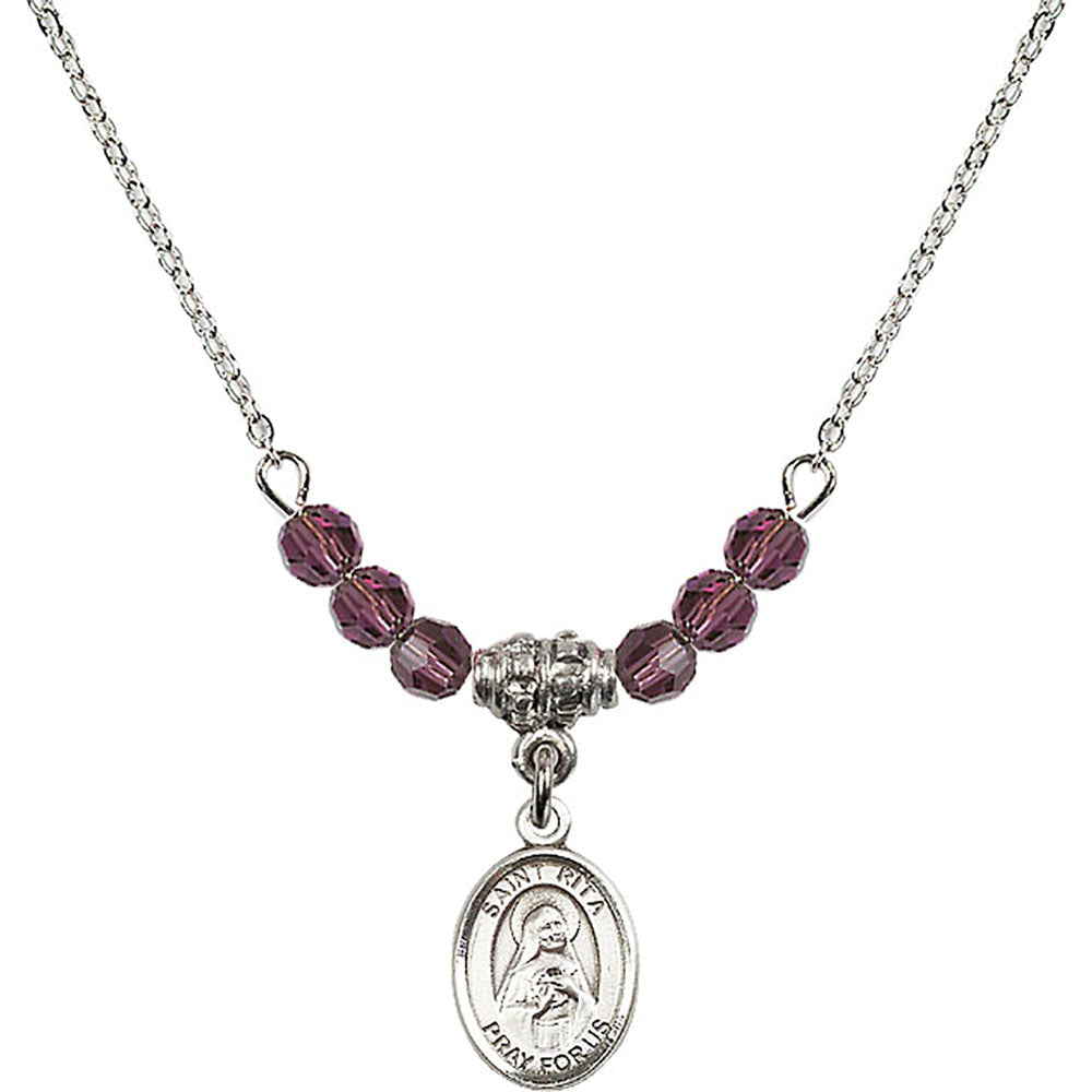 Sterling Silver Saint Rita of Cascia Birthstone Necklace with Amethyst Beads - 9094