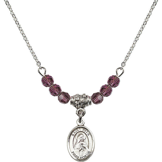 Sterling Silver Saint Rita of Cascia Birthstone Necklace with Amethyst Beads - 9094