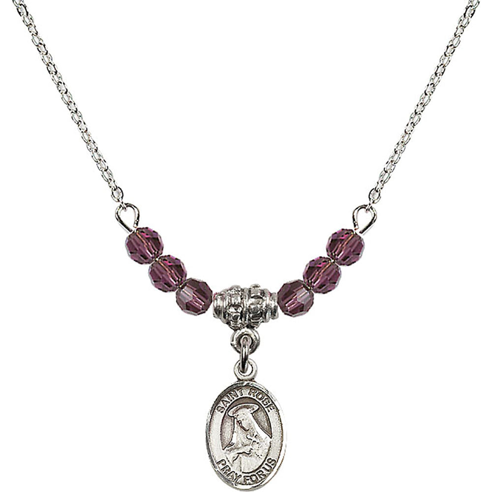 Sterling Silver Saint Rose of Lima Birthstone Necklace with Amethyst Beads - 9095