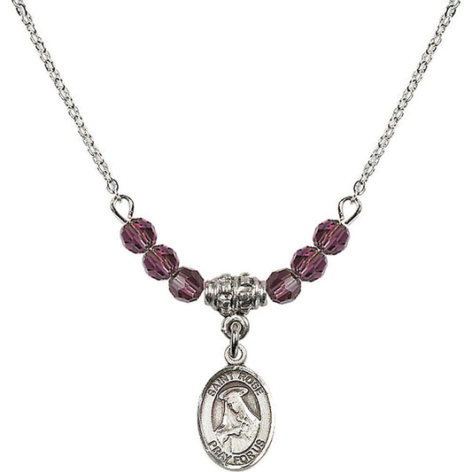 Sterling Silver Saint Rose of Lima Birthstone Necklace with Amethyst Beads - 9095