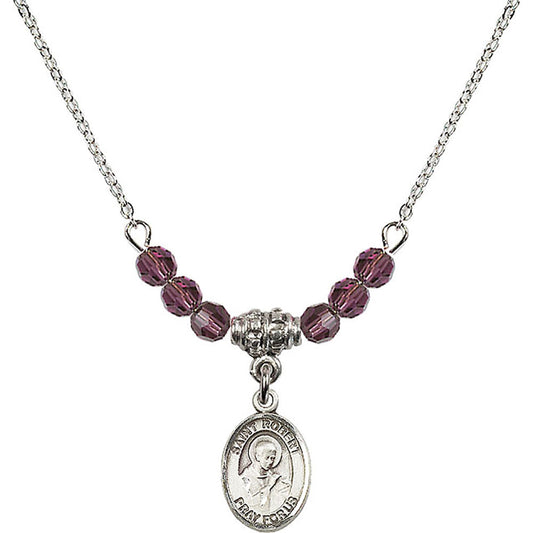 Sterling Silver Saint Robert Bellarmine Birthstone Necklace with Amethyst Beads - 9096