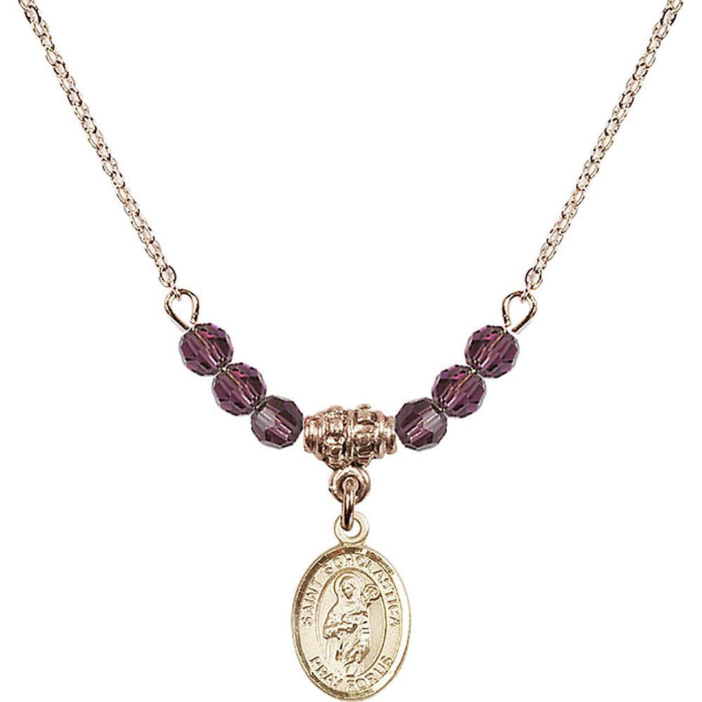 14kt Gold Filled Saint Scholastica Birthstone Necklace with Amethyst Beads - 9099