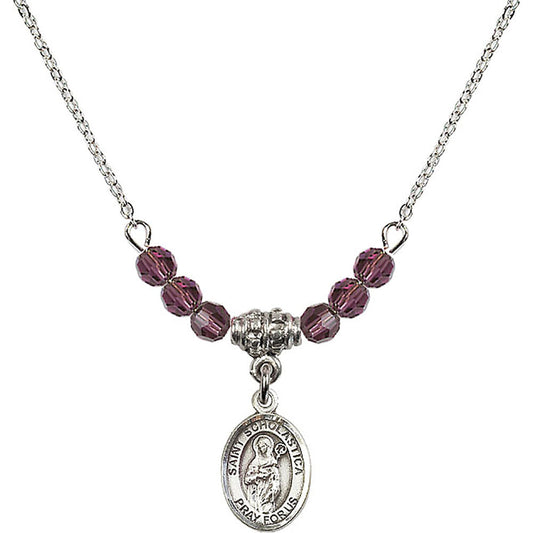 Sterling Silver Saint Scholastica Birthstone Necklace with Amethyst Beads - 9099