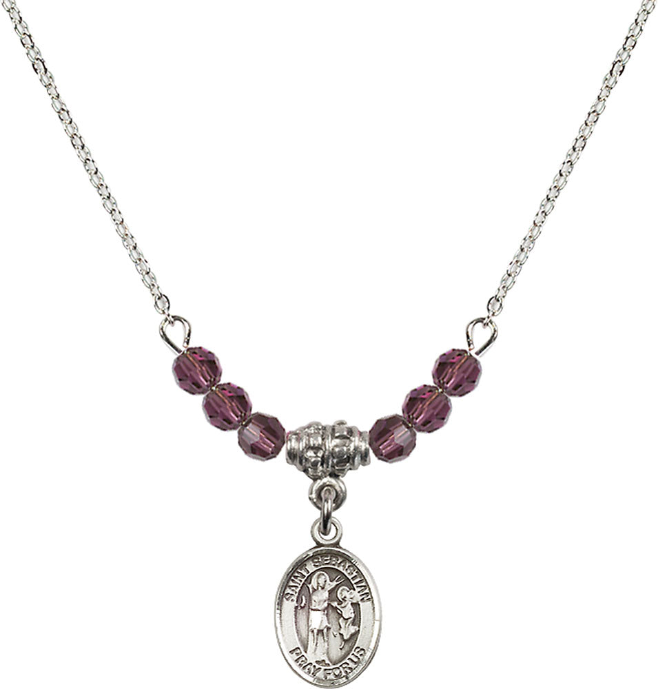 Sterling Silver Saint Sebastian Birthstone Necklace with Amethyst Beads - 9100