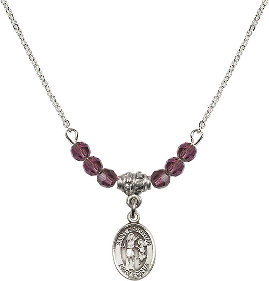 Sterling Silver Saint Sebastian Birthstone Necklace with Amethyst Beads - 9100