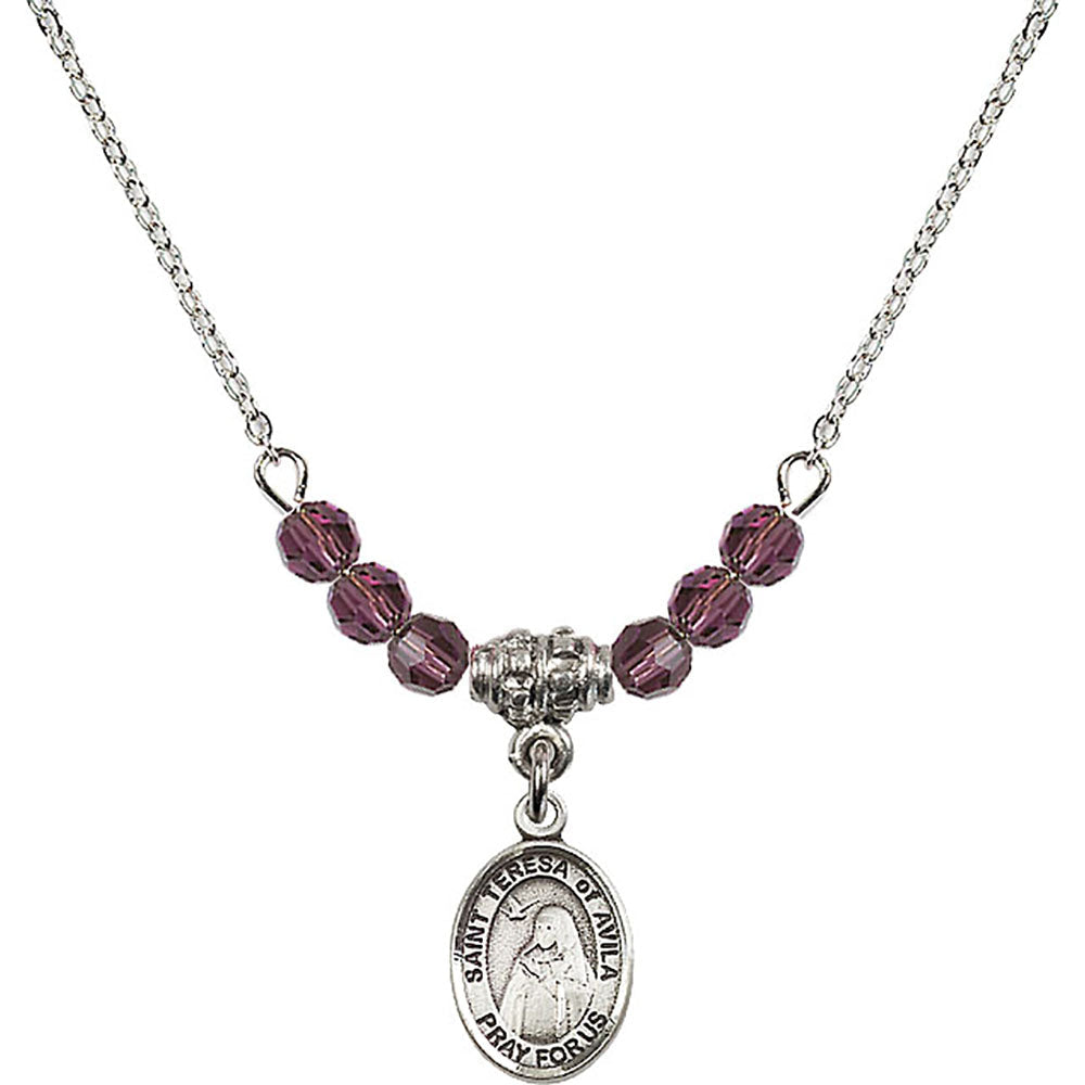 Sterling Silver Saint Teresa of Avila Birthstone Necklace with Amethyst Beads - 9102