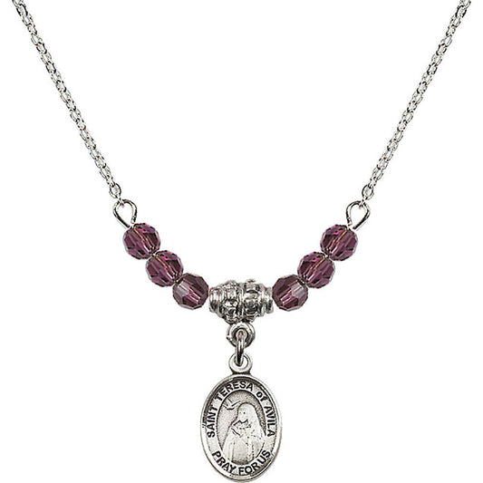 Sterling Silver Saint Teresa of Avila Birthstone Necklace with Amethyst Beads - 9102