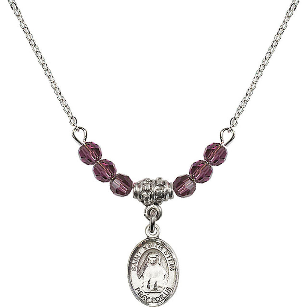 Sterling Silver Saint Edith Stein Birthstone Necklace with Amethyst Beads - 9103