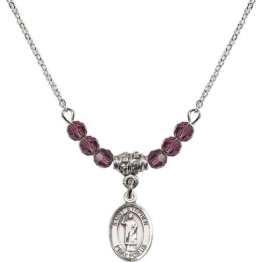 Sterling Silver Saint Stephen the Martyr Birthstone Necklace with Amethyst Beads - 9104