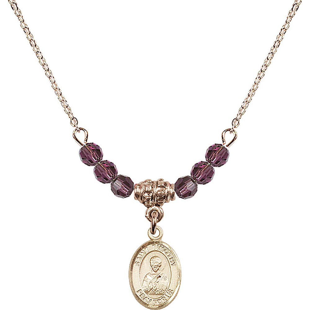 14kt Gold Filled Saint Timothy Birthstone Necklace with Amethyst Beads - 9105