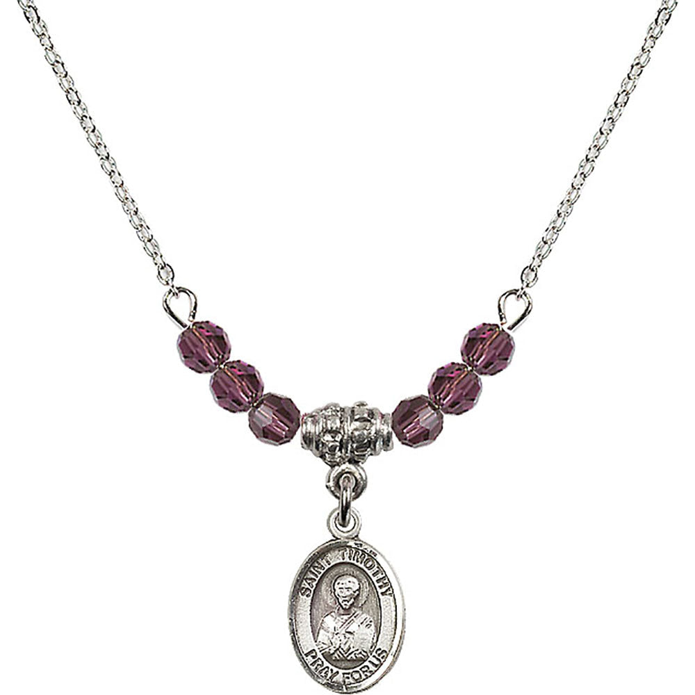 Sterling Silver Saint Timothy Birthstone Necklace with Amethyst Beads - 9105