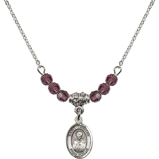 Sterling Silver Saint Timothy Birthstone Necklace with Amethyst Beads - 9105