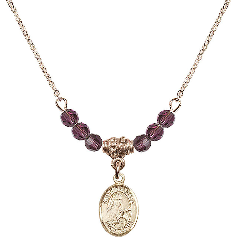 14kt Gold Filled Saint Theresa Birthstone Necklace with Amethyst Beads - 9106