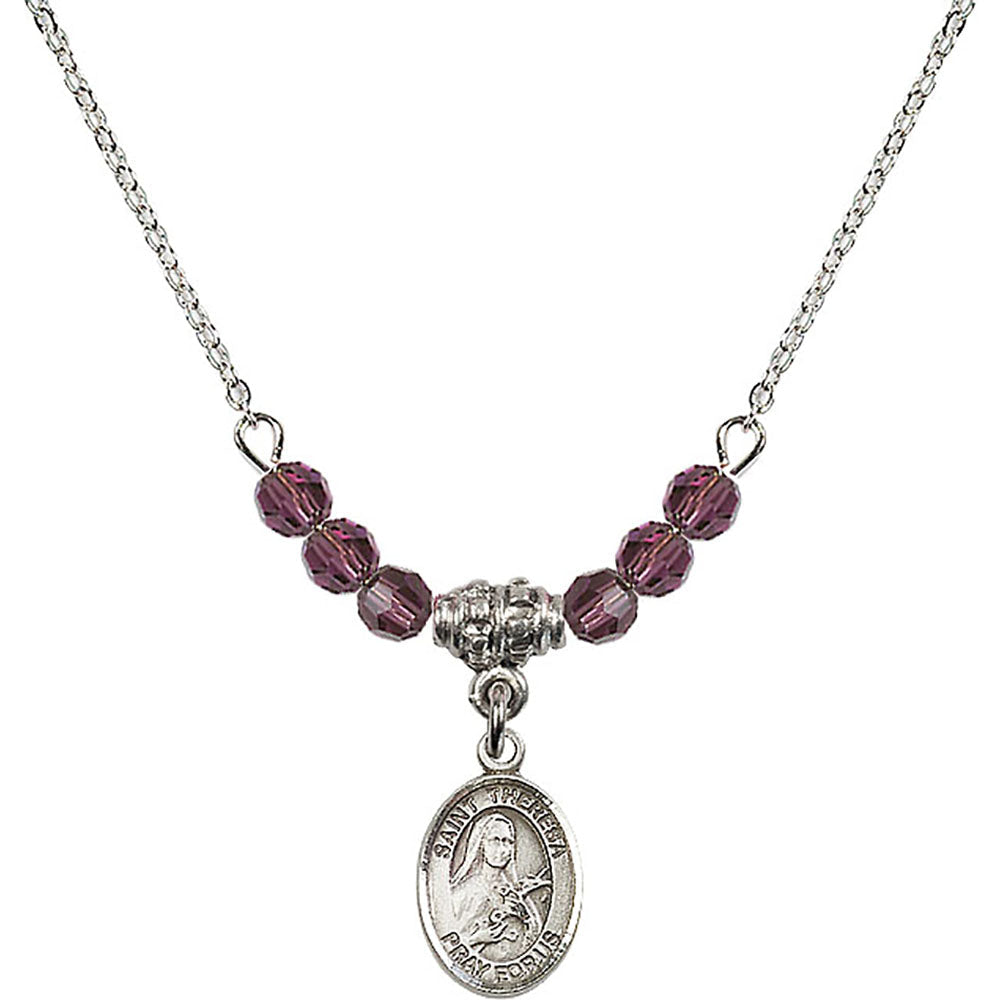 Sterling Silver Saint Theresa Birthstone Necklace with Amethyst Beads - 9106