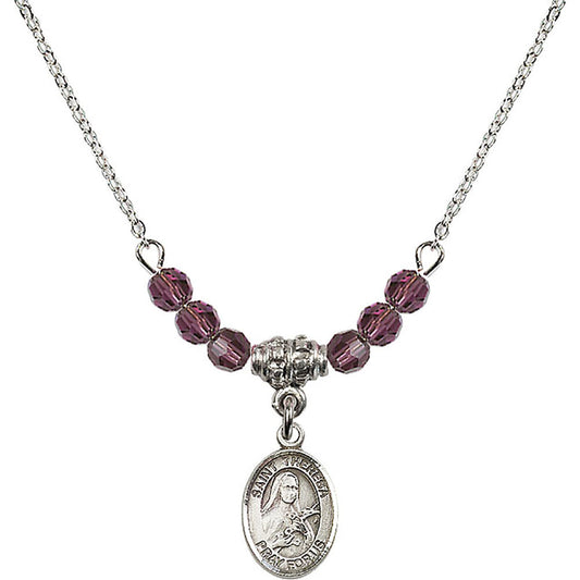 Sterling Silver Saint Theresa Birthstone Necklace with Amethyst Beads - 9106