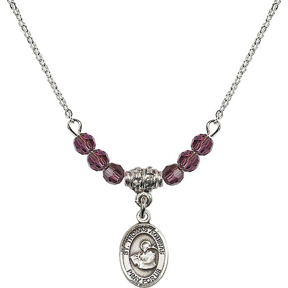 Sterling Silver Saint Thomas Aquinas Birthstone Necklace with Amethyst Beads - 9108