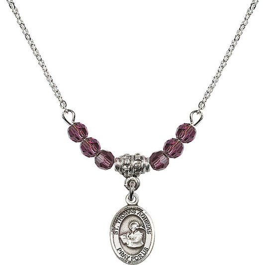 Sterling Silver Saint Thomas Aquinas Birthstone Necklace with Amethyst Beads - 9108