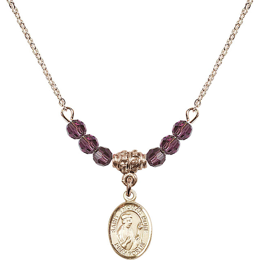 14kt Gold Filled Saint Thomas More Birthstone Necklace with Amethyst Beads - 9109