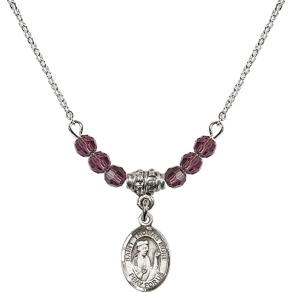 Sterling Silver Saint Thomas More Birthstone Necklace with Amethyst Beads - 9109