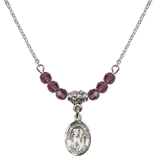 Sterling Silver Saint Thomas More Birthstone Necklace with Amethyst Beads - 9109