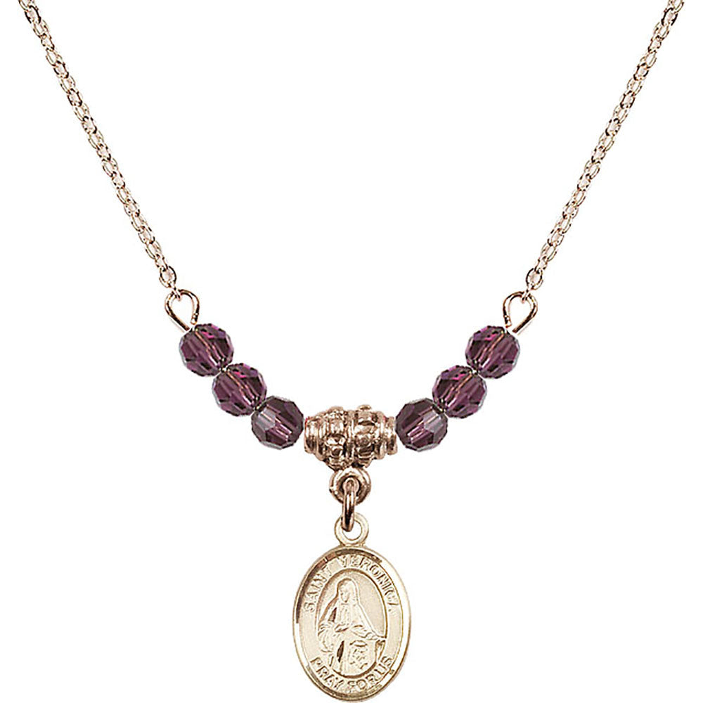 14kt Gold Filled Saint Veronica Birthstone Necklace with Amethyst Beads - 9110