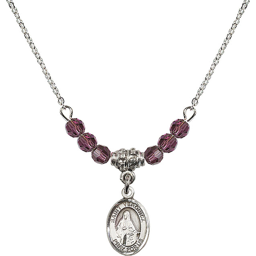 Sterling Silver Saint Veronica Birthstone Necklace with Amethyst Beads - 9110