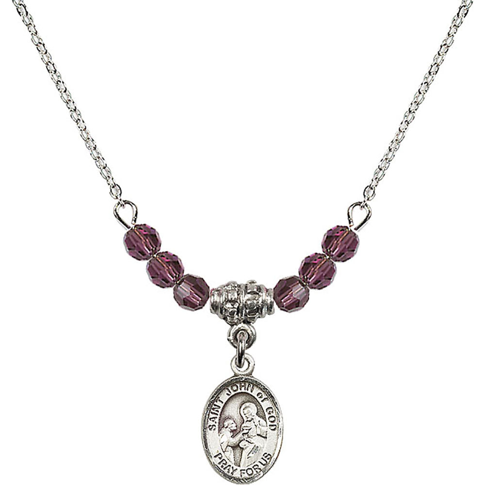 Sterling Silver Saint John of God Birthstone Necklace with Amethyst Beads - 9112