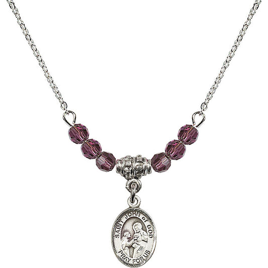 Sterling Silver Saint John of God Birthstone Necklace with Amethyst Beads - 9112