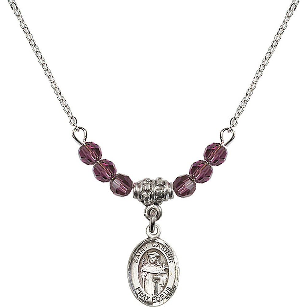 Sterling Silver Saint Casimir of Poland Birthstone Necklace with Amethyst Beads - 9113