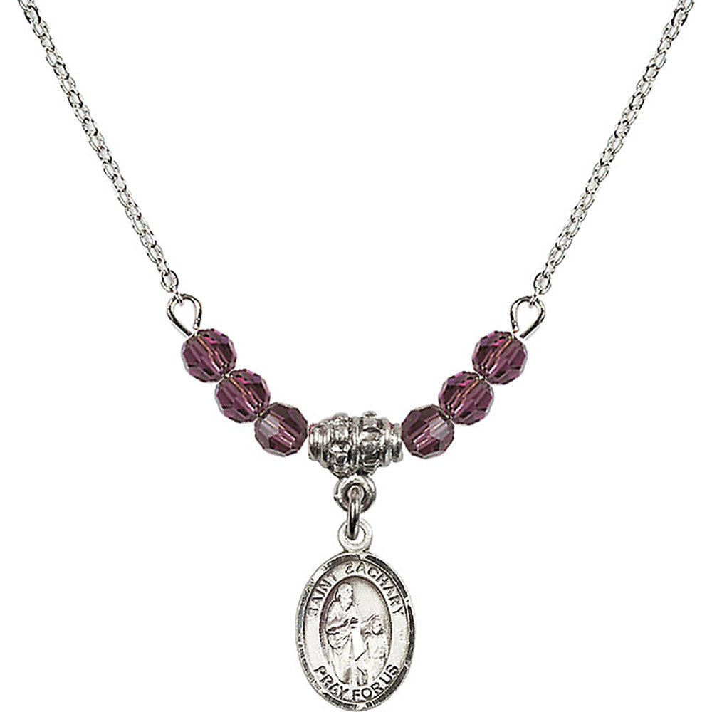 Sterling Silver Saint Zachary Birthstone Necklace with Amethyst Beads - 9116