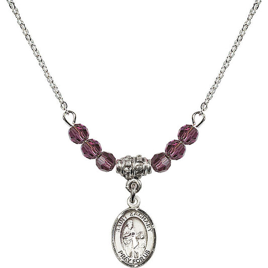 Sterling Silver Saint Zachary Birthstone Necklace with Amethyst Beads - 9116