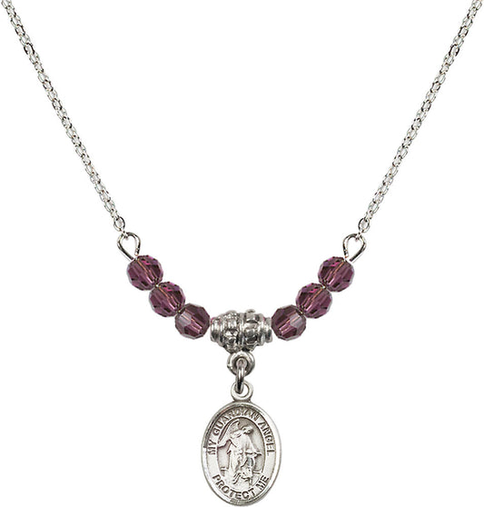 Sterling Silver Guardian Angel w/Child Birthstone Necklace with Amethyst Beads - 9118