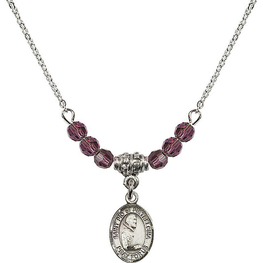 Sterling Silver Saint Pio of Pietrelcina Birthstone Necklace with Amethyst Beads - 9125