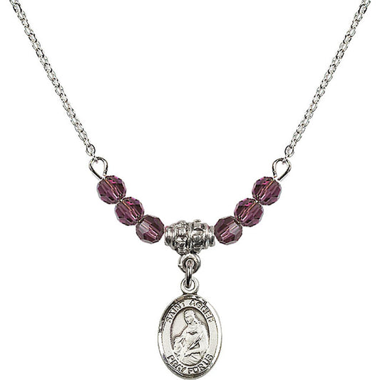 Sterling Silver Saint Agnes of Rome Birthstone Necklace with Amethyst Beads - 9128