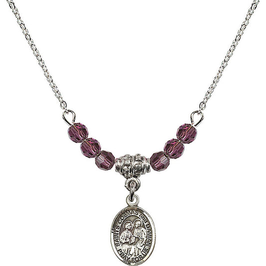 Sterling Silver Saints Cosmas & Damian Birthstone Necklace with Amethyst Beads - 9132