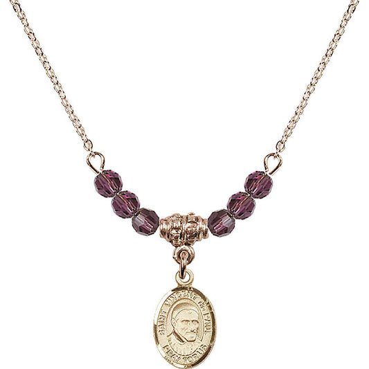 14kt Gold Filled Saint Vincent De Paul Birthstone Necklace with Amethyst Beads - 9134