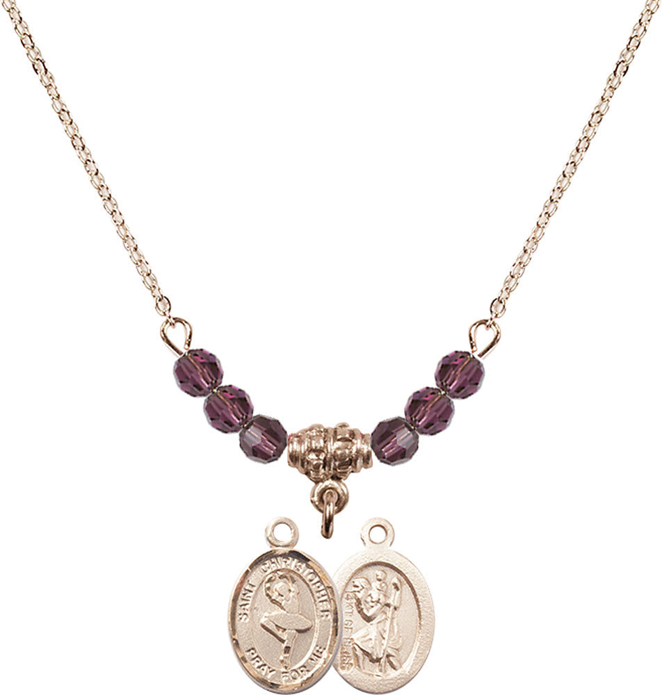 14kt Gold Filled Saint Christopher/Dance Birthstone Necklace with Amethyst Beads - 9143