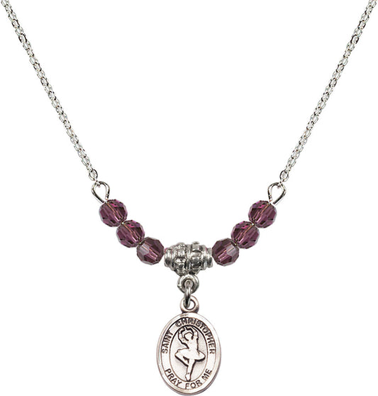 Sterling Silver Saint Christopher/Dance Birthstone Necklace with Amethyst Beads - 9143