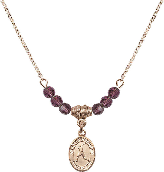 14kt Gold Filled Saint Christopher/Baseball Birthstone Necklace with Amethyst Beads - 9150