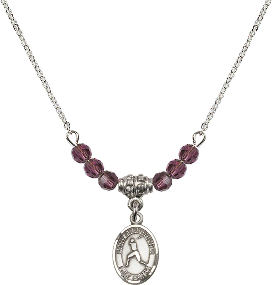 Sterling Silver Saint Christopher/Baseball Birthstone Necklace with Amethyst Beads - 9150