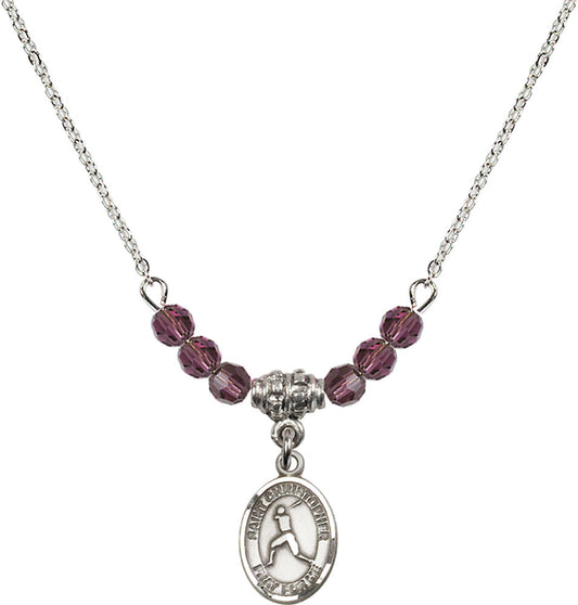 Sterling Silver Saint Christopher/Baseball Birthstone Necklace with Amethyst Beads - 9150