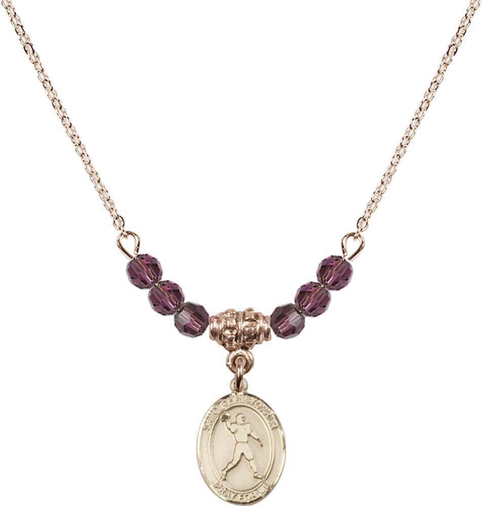 14kt Gold Filled Saint Christopher/Football Birthstone Necklace with Amethyst Beads - 9151