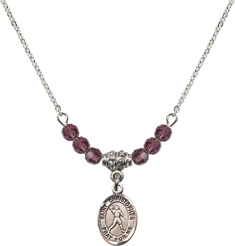 Sterling Silver Saint Christopher/Football Birthstone Necklace with Amethyst Beads - 9151